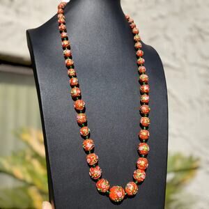 Antique Wedding Cake Venetian Murano Glass Necklace Red Green Art Deco 14k Gold